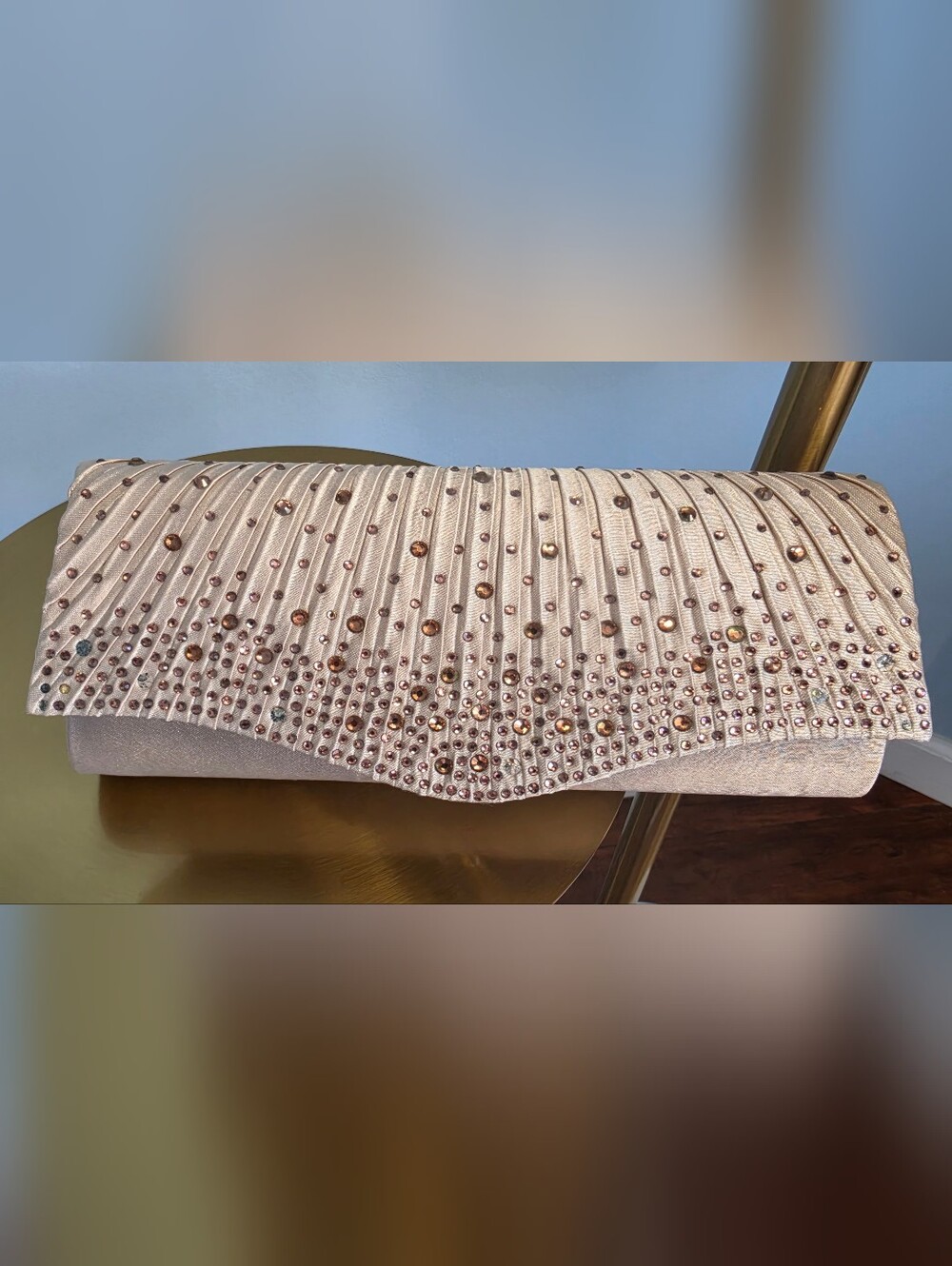 Champagne Satin Pleated Rhinestone Evening Clutch Bag